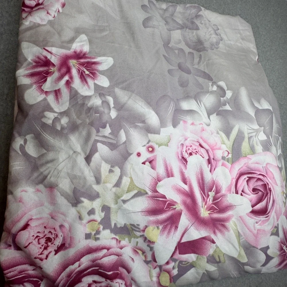 Queen‎ Duvet Cover Floral Gray Pink Roses Lilies Decorative Luxury Bedding